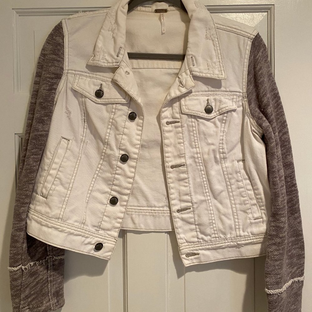 Free People White Jean Jacket with Gray Sleeves